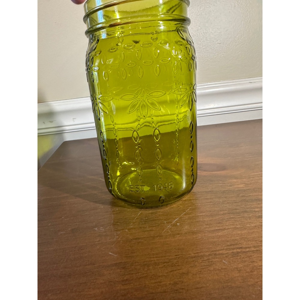 Syndicate Sales Olive Green Glass Jar Embossed Floral Vase EST 1946 Decorative - Picture 2 of 6